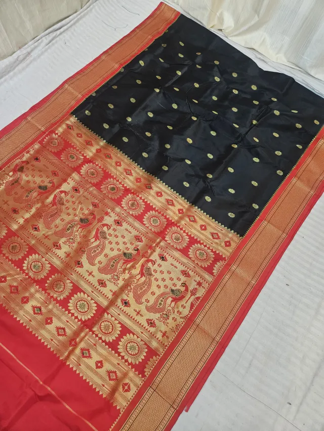 Midnight Black Soft Silk Paithani Saree with Scarlet Red KP Hand Meenakari Mor Pallu