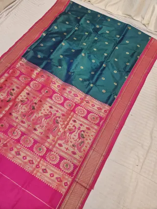 Emerald Teal Soft Silk Paithani Saree with Rani Pink KP Hand Meenakari Mor Pallu