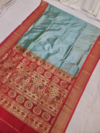 Sea Green Soft Silk Paithani Saree with Sindoori Red KP Hand Meenakari Mor Pallu