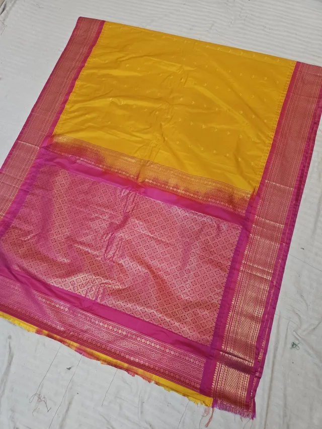 Mustard Yellow Replica Gadwal Soft Silk Saree with Rani Pink Rich Zari Brocade Pallu