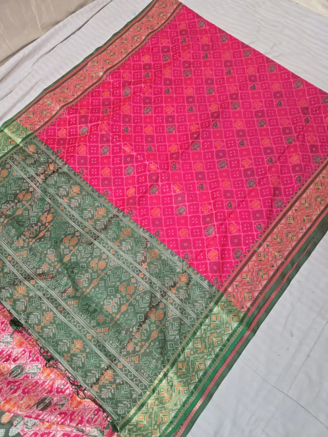 Rani Pink and Bottle Green Patola Ikkat Soft Silk Saree