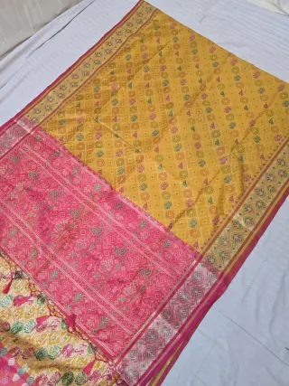 Mustard Yellow and Rani Pink Patola Ikkat Soft Silk Saree