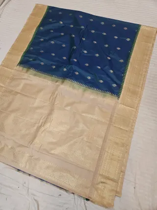 Navy Blue Replica Gadwal Soft Silk Saree with Cream Gold Rich Zari Brocade Pallu
