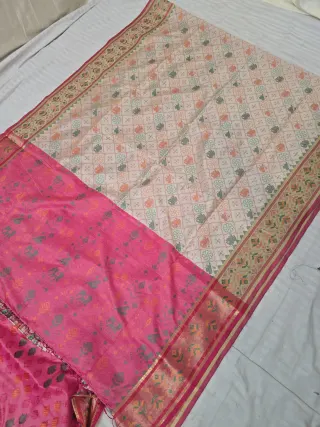 Off-White and Rani Pink Patola Ikkat Soft Silk Saree