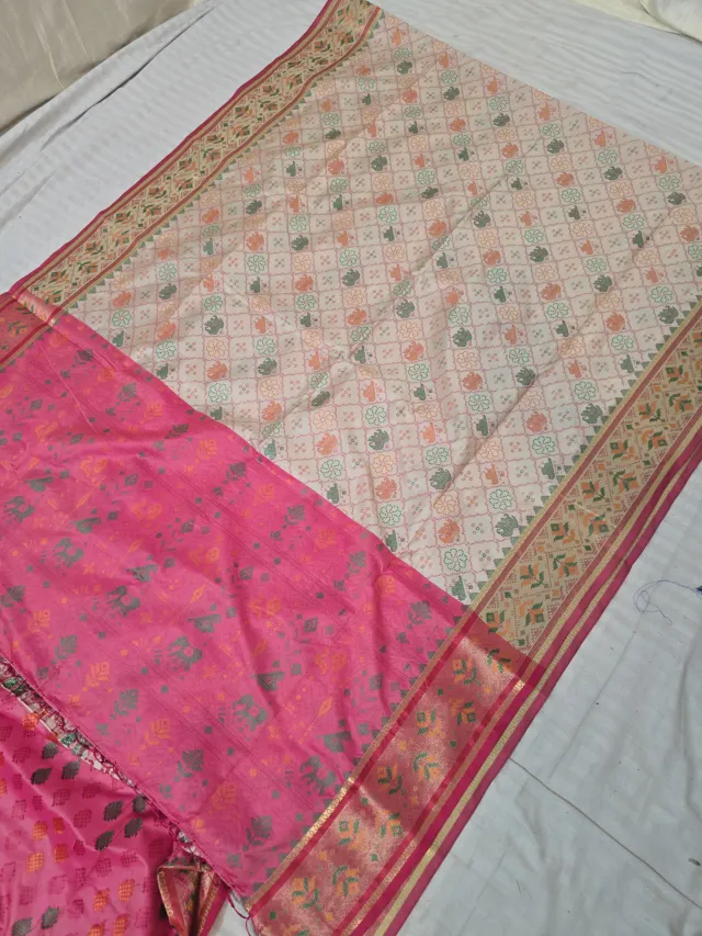 Off-White and Rani Pink Patola Ikkat Soft Silk Saree
