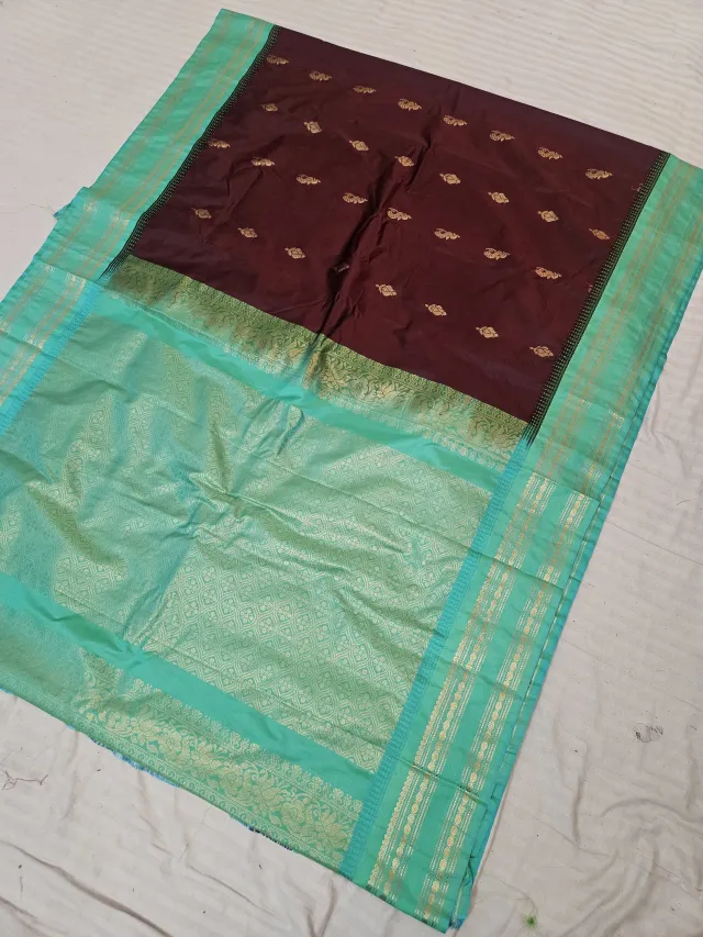 Coffee Brown Replica Gadwal Soft Silk Saree with Sea Green Rich Zari Brocade Pallu