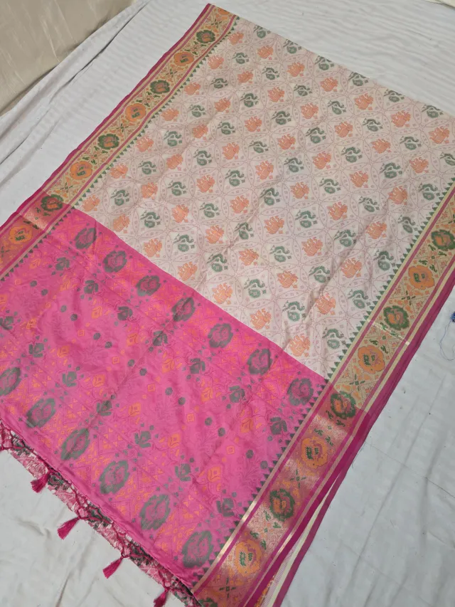 Off-White and Rani Pink Shikargah Elephant Peacock Patola Ikkat Soft Silk Saree