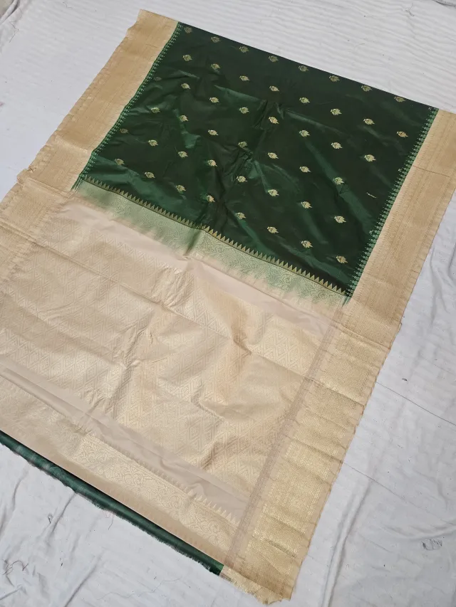 Emerald Green Replica Gadwal Soft Silk Saree with Cream Gold Rich Zari Brocade Pallu