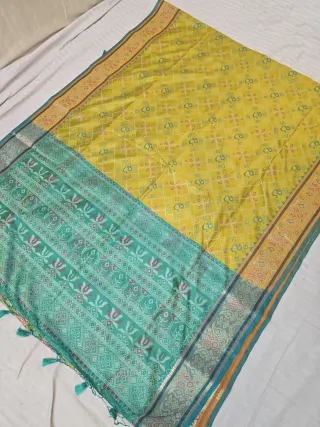 Lemon Yellow and Sea Green Patola Ikkat Soft Silk Saree