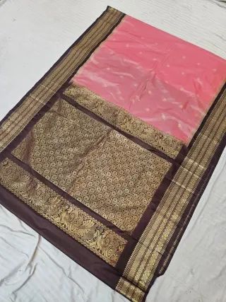 Peach Pink Replica Gadwal Soft Silk Saree with Coffee Brown Rich Zari Brocade Pallu