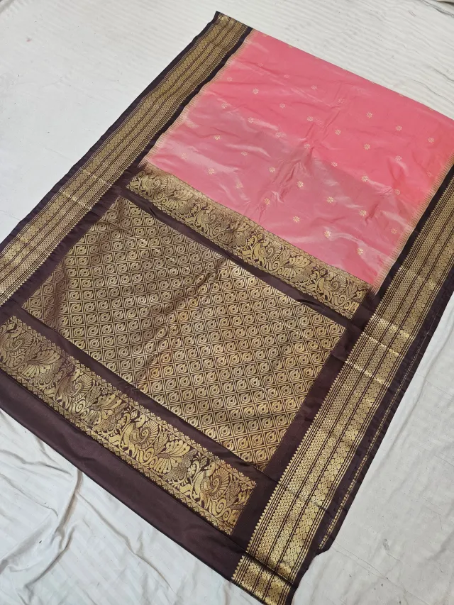 Peach Pink Replica Gadwal Soft Silk Saree with Coffee Brown Rich Zari Brocade Pallu