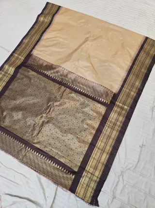 Beige Replica Gadwal Soft Silk Saree with Coffee Brown Rich Zari Brocade Pallu