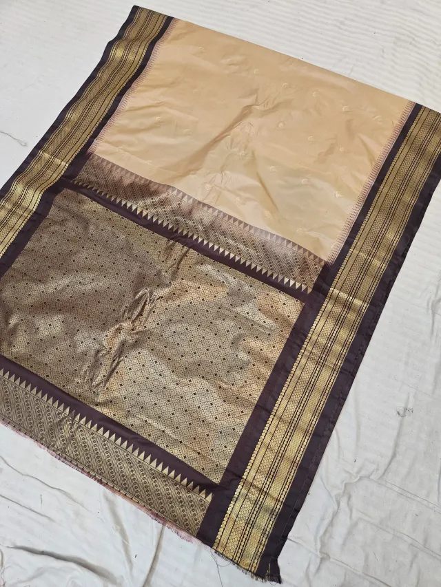Beige Replica Gadwal Soft Silk Saree with Coffee Brown Rich Zari Brocade Pallu