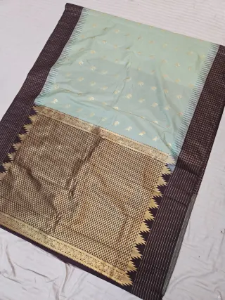Pista Green Replica Gadwal Soft Silk Saree with Coffee Brown Rich Zari Brocade Pallu