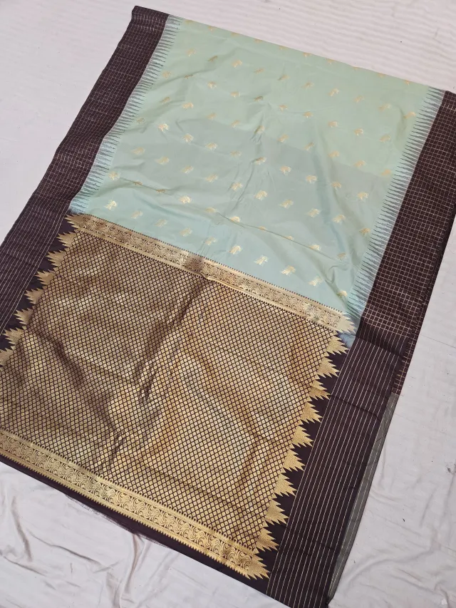 Pista Green Replica Gadwal Soft Silk Saree with Coffee Brown Rich Zari Brocade Pallu