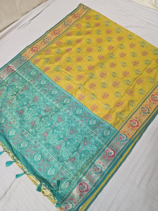 Mustard Yellow and Sea Green Mayil Peacock Medallion Patola Ikkat Soft Silk Saree