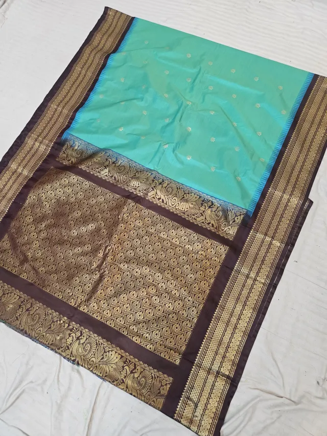 Sea Green Replica Gadwal Soft Silk Saree with Coffee Brown Rich Zari Brocade Pallu