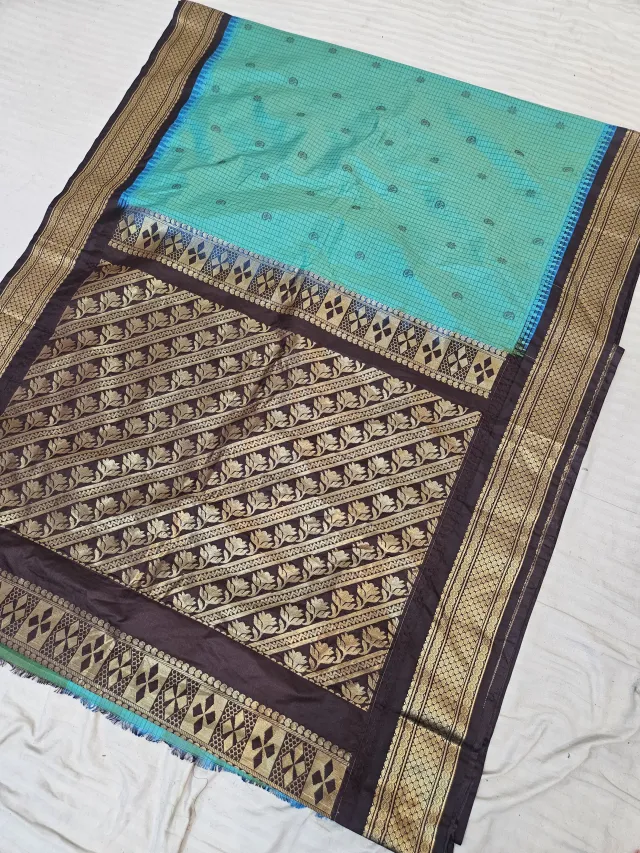 Sea Green Replica Gadwal Soft Silk Saree with Coffee Brown Rich Zari Brocade Pallu