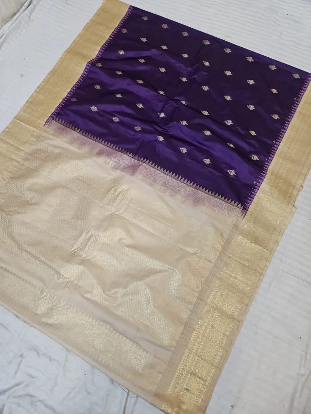 Deep Purple Replica Gadwal Soft Silk Saree with Cream Gold Rich Zari Brocade Pallu