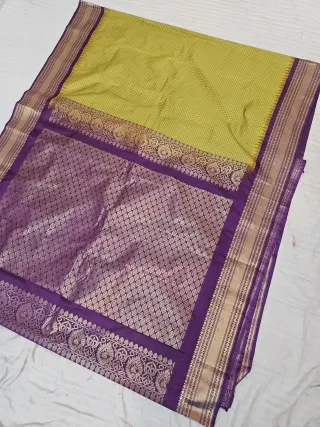 Lime Yellow Replica Gadwal Soft Silk Saree with Purple Rich Zari Brocade Pallu
