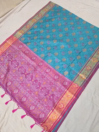 Sky Blue and Rani Pink Mayil Peacock Medallion Patola Ikkat Soft Silk Saree