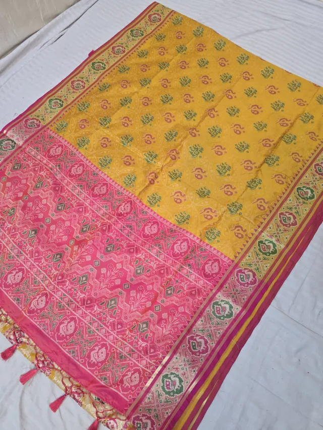 Mustard Yellow and Rani Pink Mayil Peacock Medallion Patola Ikkat Soft Silk Saree