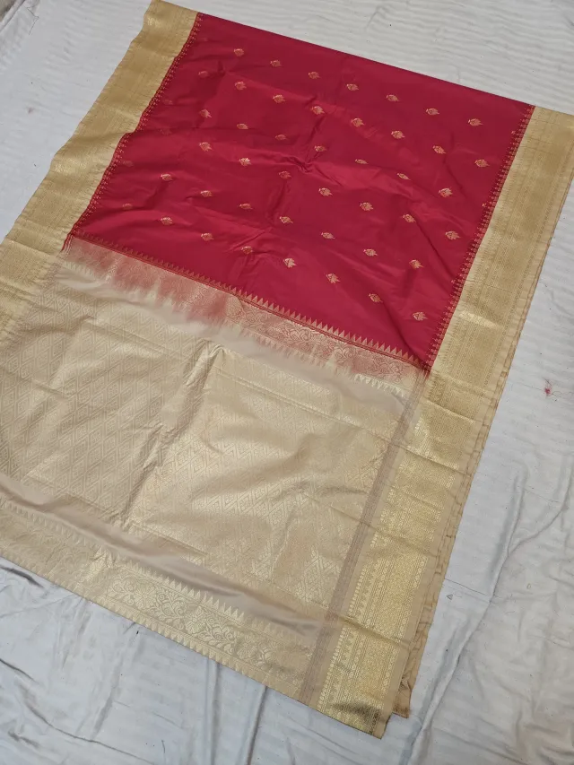 Crimson Red Replica Gadwal Soft Silk Saree with Cream Gold Rich Zari Brocade Pallu