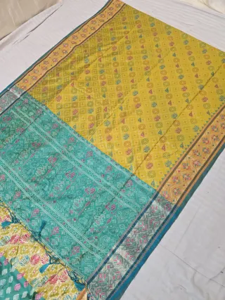 Mustard Yellow and Sea Green Shikargah Patola Ikkat Soft Silk Saree