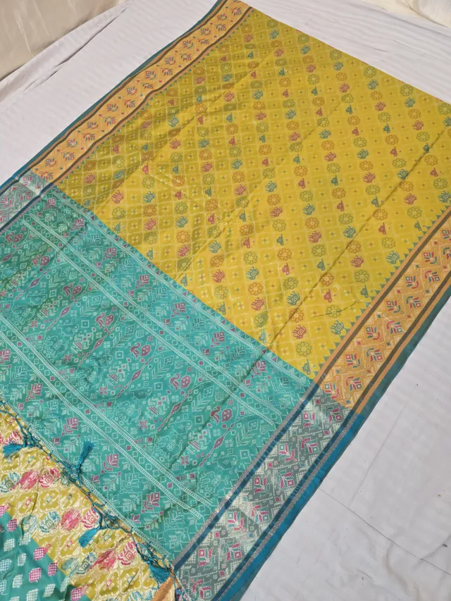 Mustard Yellow and Sea Green Shikargah Patola Ikkat Soft Silk Saree