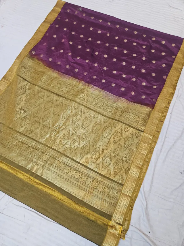 Plum Purple Replica Gadwal Soft Silk Saree with Antique Olive Gold Rich Zari Brocade Pallu