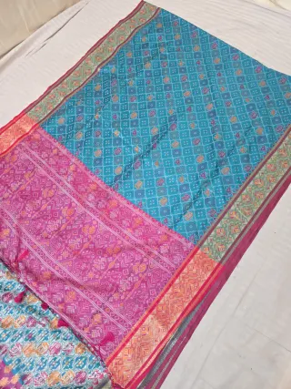 Firoza Blue and Rani Pink Shikargah Patola Ikkat Soft Silk Saree