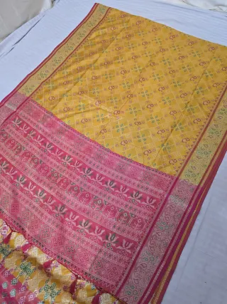 Mustard Yellow and Rani Pink Tree of Life Patola Ikkat Soft Silk Saree