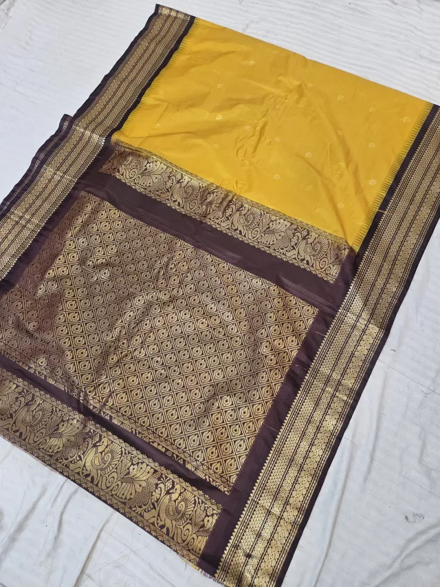 Mustard Yellow Replica Gadwal Soft Silk Saree with Coffee Brown Rich Zari Brocade Pallu