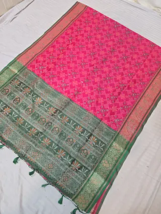 Strawberry Pink and Bottle Green Tree of Life Patola Ikkat Soft Silk Saree