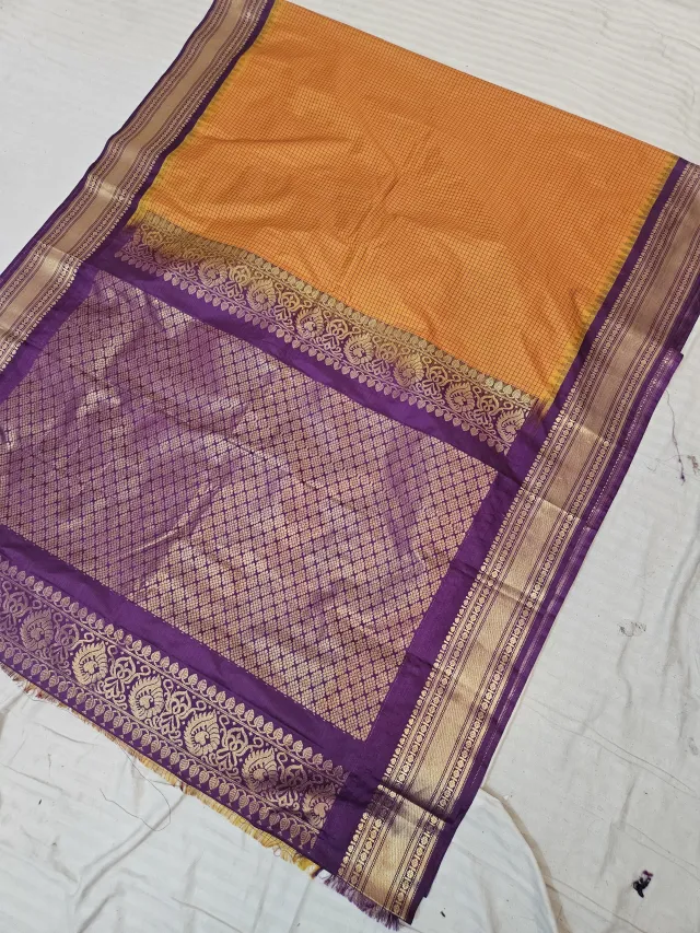 Marigold Orange Replica Gadwal Soft Silk Saree with Purple Rich Zari Brocade Pallu