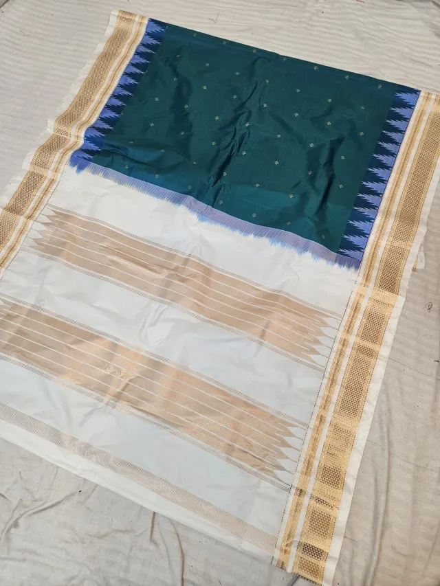 Teal Green Replica Gadwal Soft Silk Saree with Ivory White Zari Striped Pallu