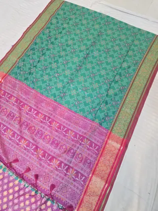 Green and Rani Pink Tree of Life Patola Ikkat Soft Silk Saree
