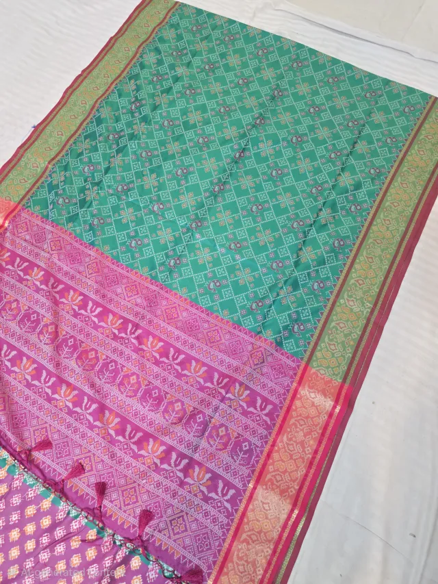 Green and Rani Pink Tree of Life Patola Ikkat Soft Silk Saree
