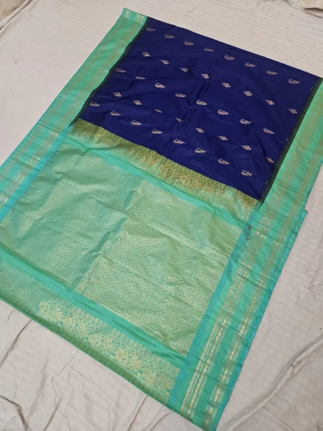 Navy Blue Replica Gadwal Soft Silk Saree with Sea Green Rich Zari Brocade Pallu