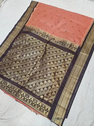 Peach Replica Gadwal Soft Silk Saree with Coffee Brown Rich Zari Brocade Pallu
