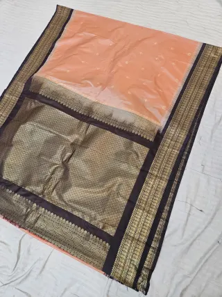 Peach Replica Gadwal Soft Silk Saree with Coffee Brown Rich Zari Brocade Pallu