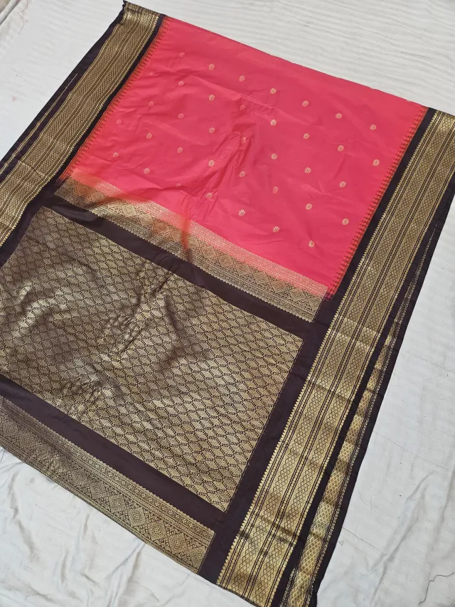 Strawberry Pink Replica Gadwal Soft Silk Saree with Coffee Brown Rich Zari Brocade Pallu