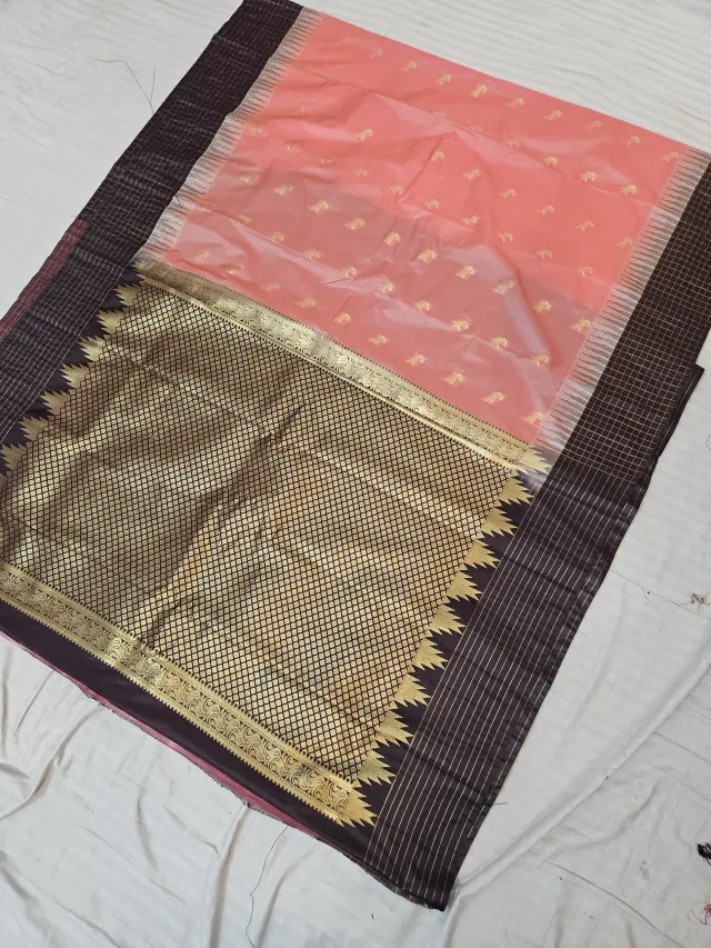 Peach Salmon Replica Gadwal Soft Silk Saree with Coffee Brown Rich Zari Brocade Pallu