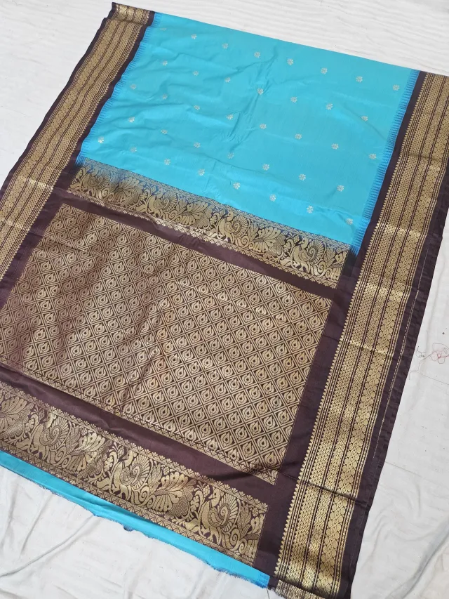 Sky Blue Replica Gadwal Soft Silk Saree with Coffee Brown Rich Zari Brocade Pallu