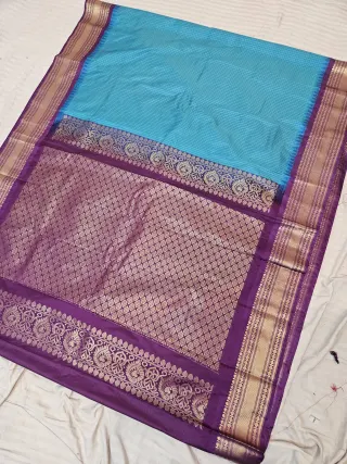 Cyan Blue Replica Gadwal Soft Silk Saree with Purple Rich Zari Brocade Pallu