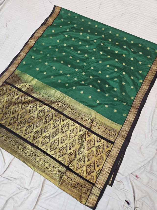 Emerald Green Replica Gadwal Soft Silk Saree with Coffee Brown Rich Zari Brocade Pallu