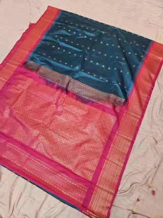 Teal Blue Replica Gadwal Soft Silk Saree with Rani Pink Rich Zari Brocade Pallu