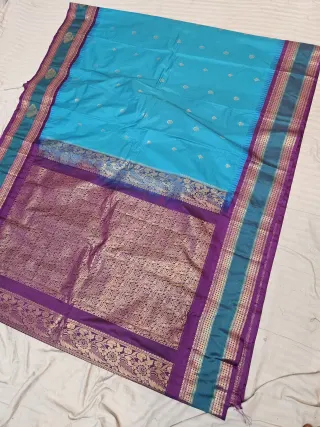 Sky Blue Replica Gadwal Soft Silk Saree with Purple Rich Zari Brocade Pallu