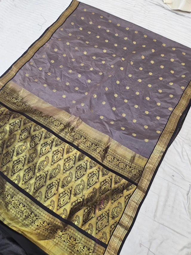 Ash Grey Replica Gadwal Soft Silk Saree with Coffee Brown Rich Zari Brocade Pallu