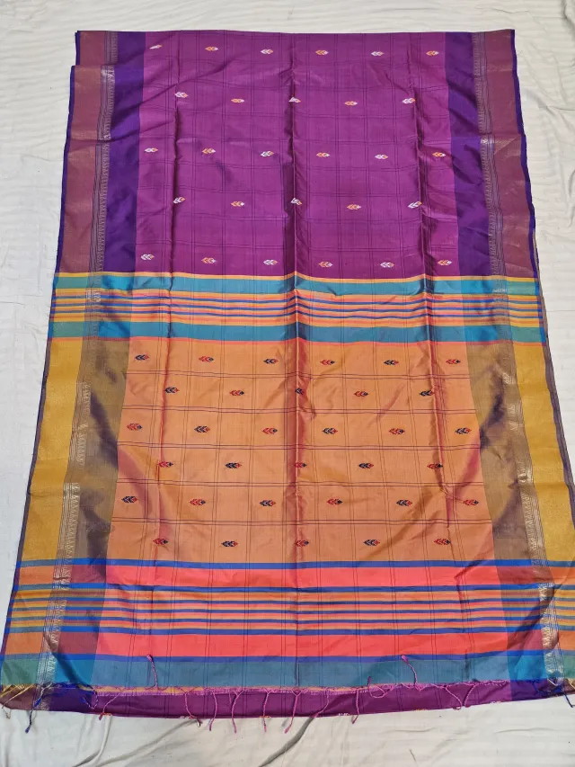 Magenta Purple Pure Bishnupur Silk Box Kalakshetra Saree with Sunset Amber Pallu